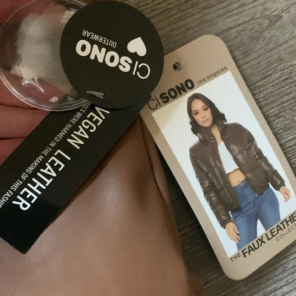 NWT Ci Sono brown vegan leather puffer jacket size small - Picture 3 of 4